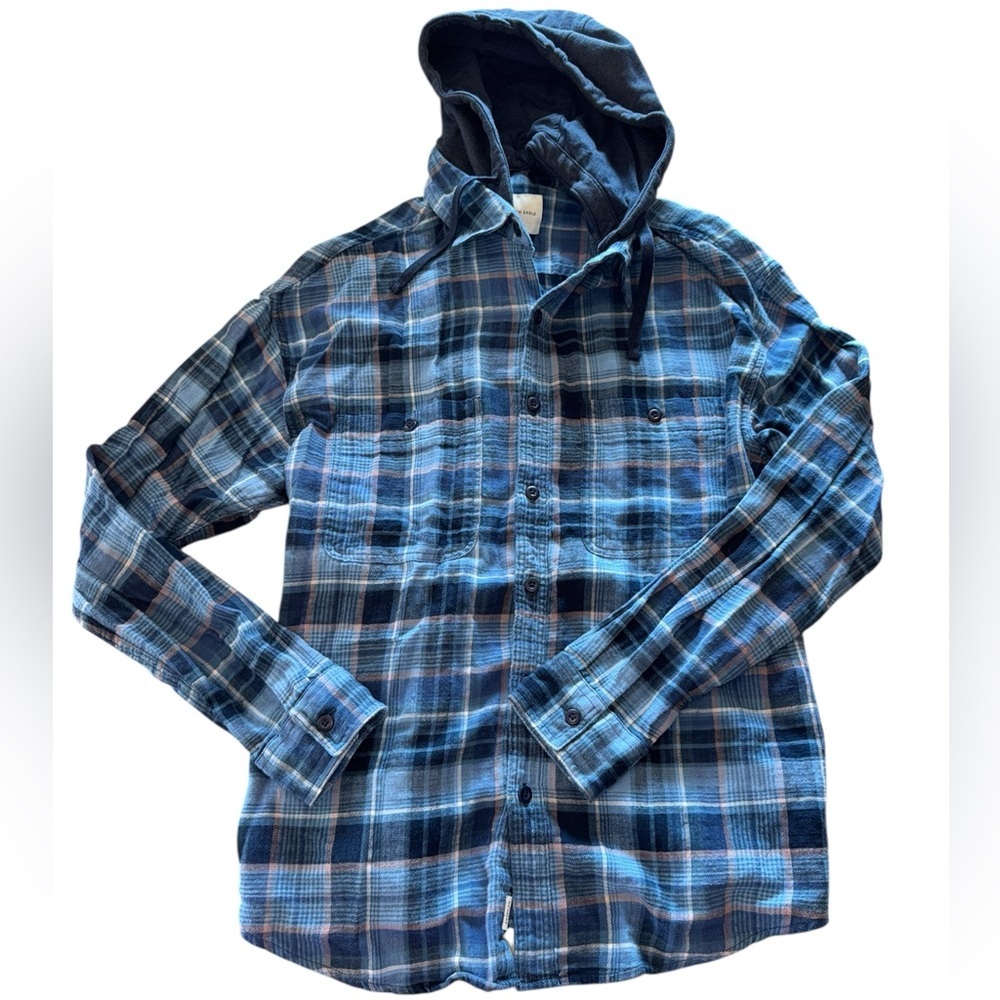 American Eagle Outfitters Navy and Light Blue Plaid Flannel Shirt With Hood L